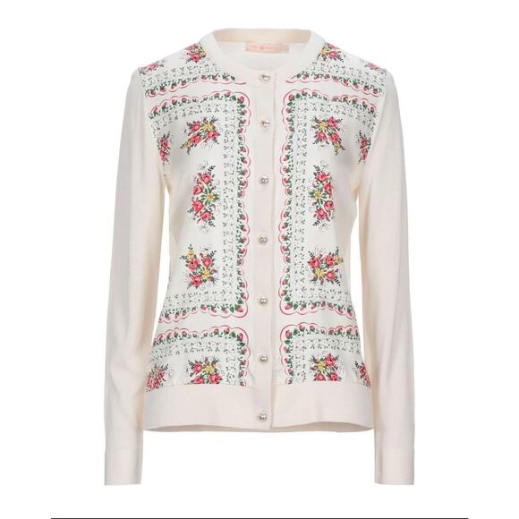 Tory Burch Cream Silk Garden Veil Printed Cardigan Medium - Picture 1 of 11